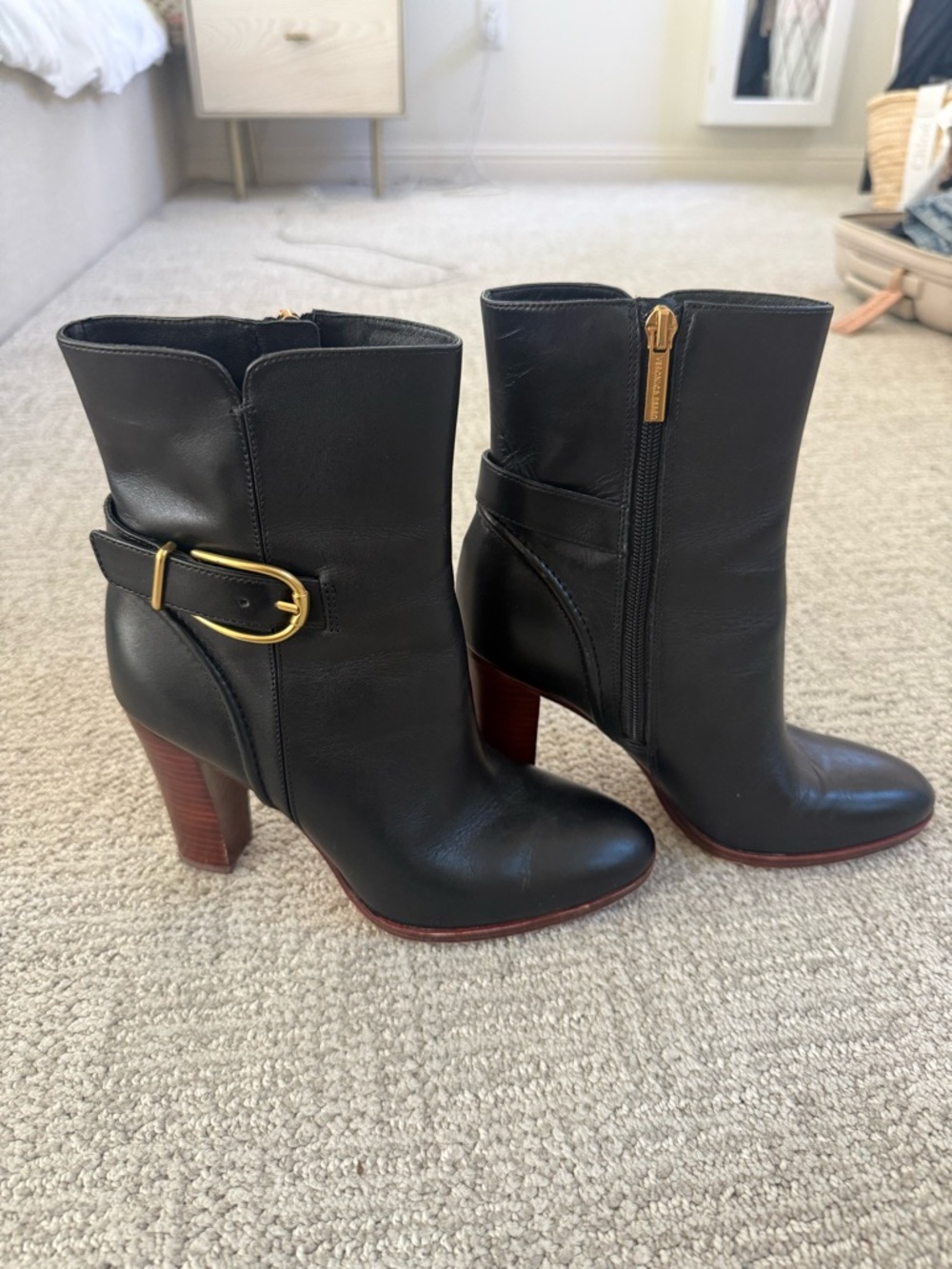 Veronica Beard Black Leather Ankle Booties with Gold Buckle